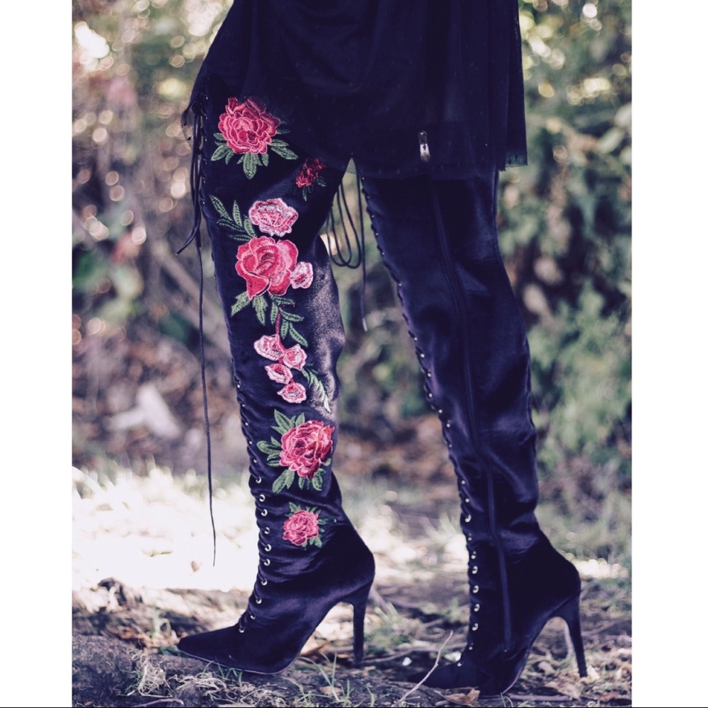 Embroidered Floral Over the knee boots